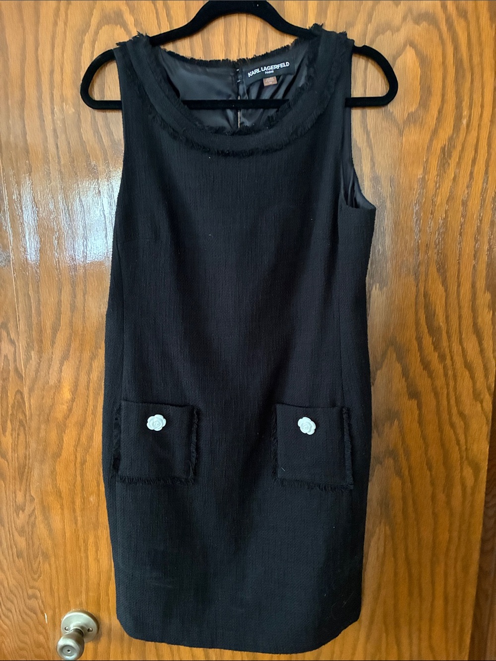 Karl Lagerfeld Black Sleeveless Shift Dress with Pocket Buttons